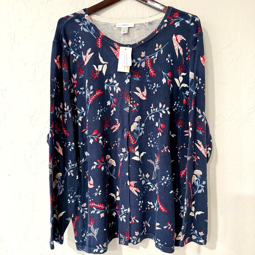 CJ Banks-Women’s Plus Navy Red Floral Bird-Button Down Sweater-Size 3X-NWT
